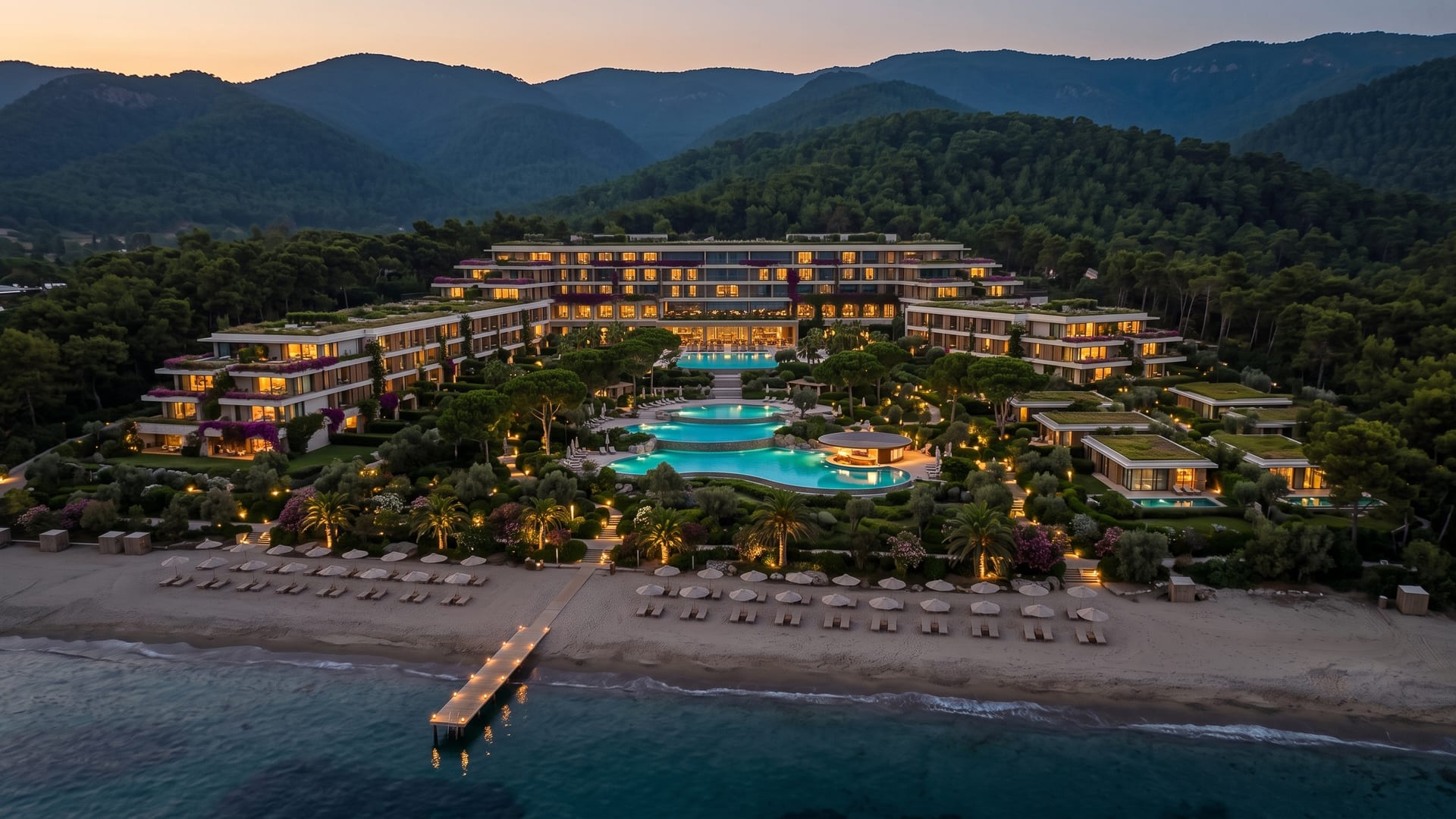 Alacakaranlıkta ışıkları yanan ana bina ve havuzlar