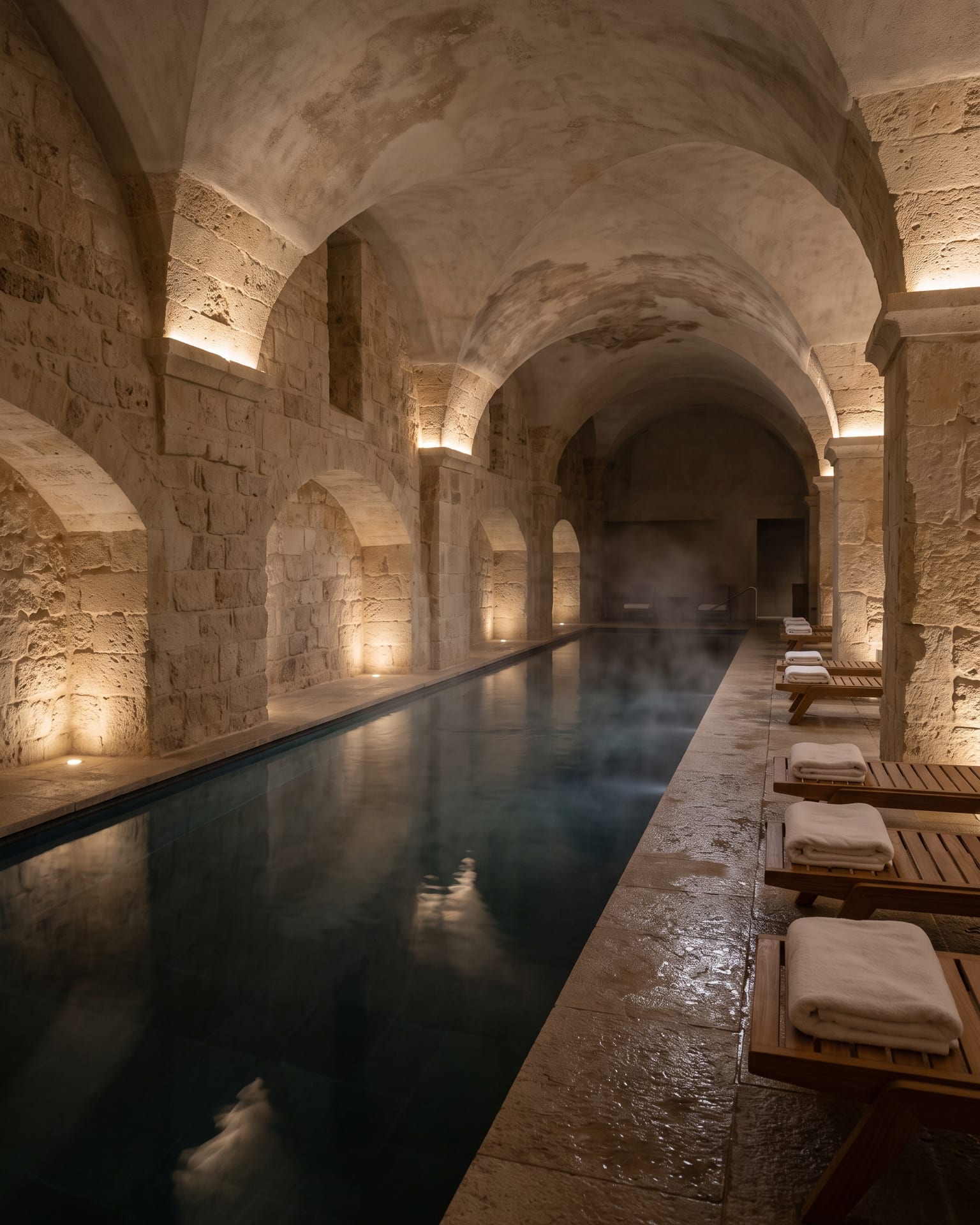 Taş tonozlu kapalı spa havuzu